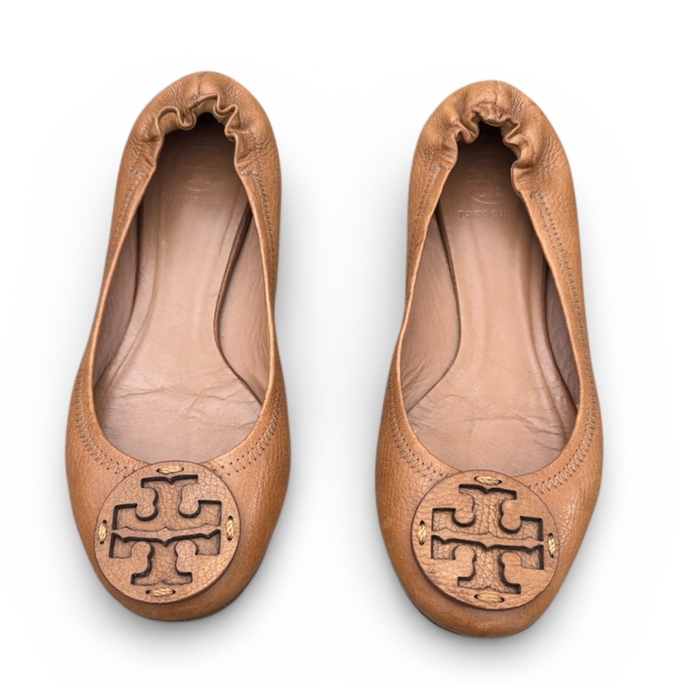 Tory Burch Reva Tumbled Royal Tan Logo Ballet Flats Size 8.5